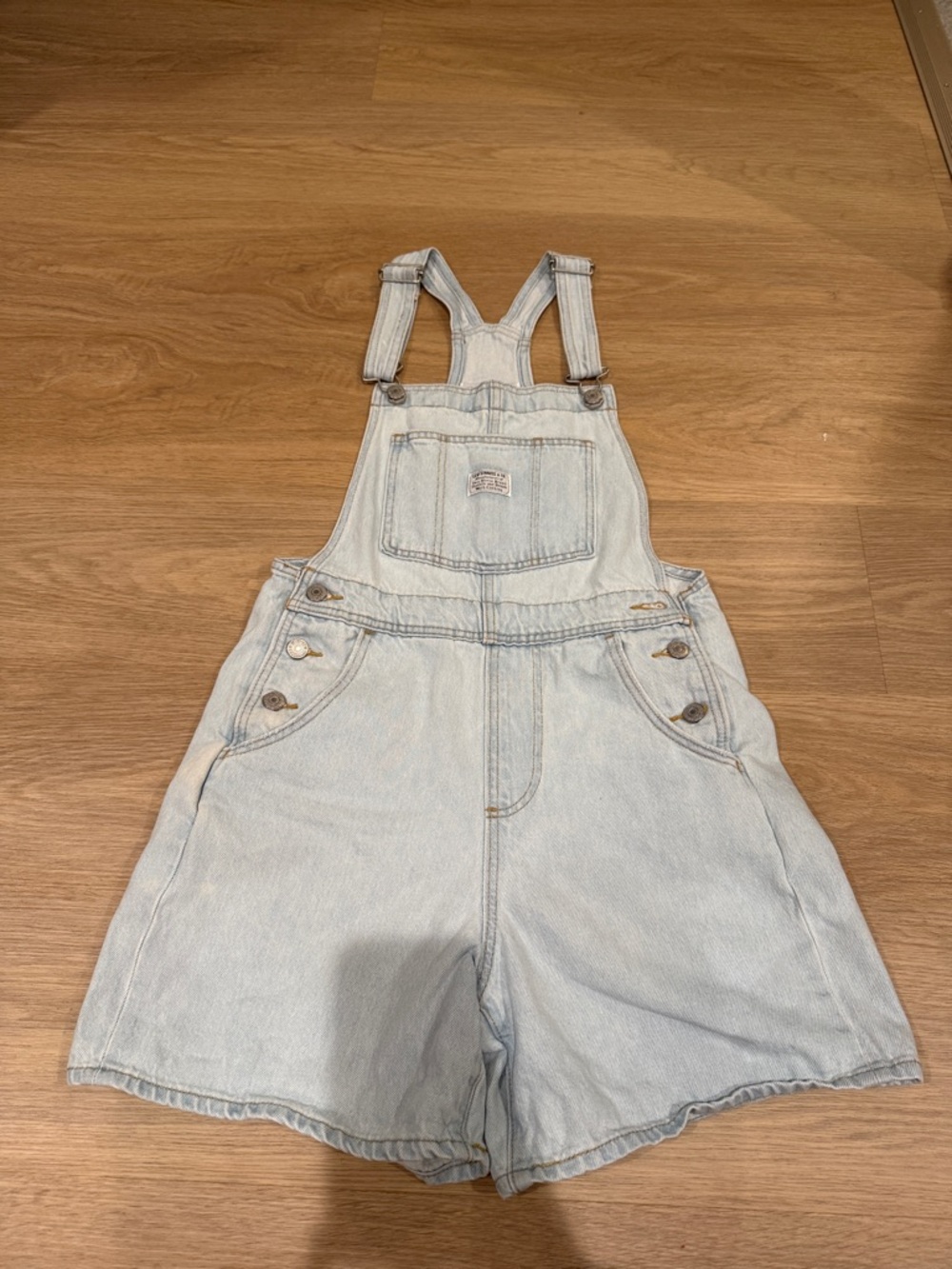 Light Wash Denim Short Overalls - Women's